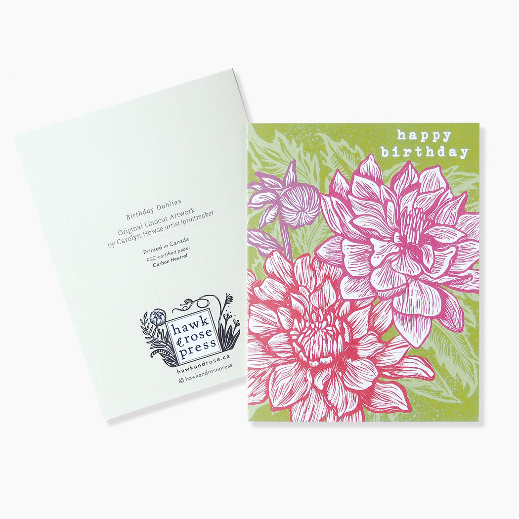‘Dahlia Birthday’ Linocut Card by Hawk and Rose Press (Olive)