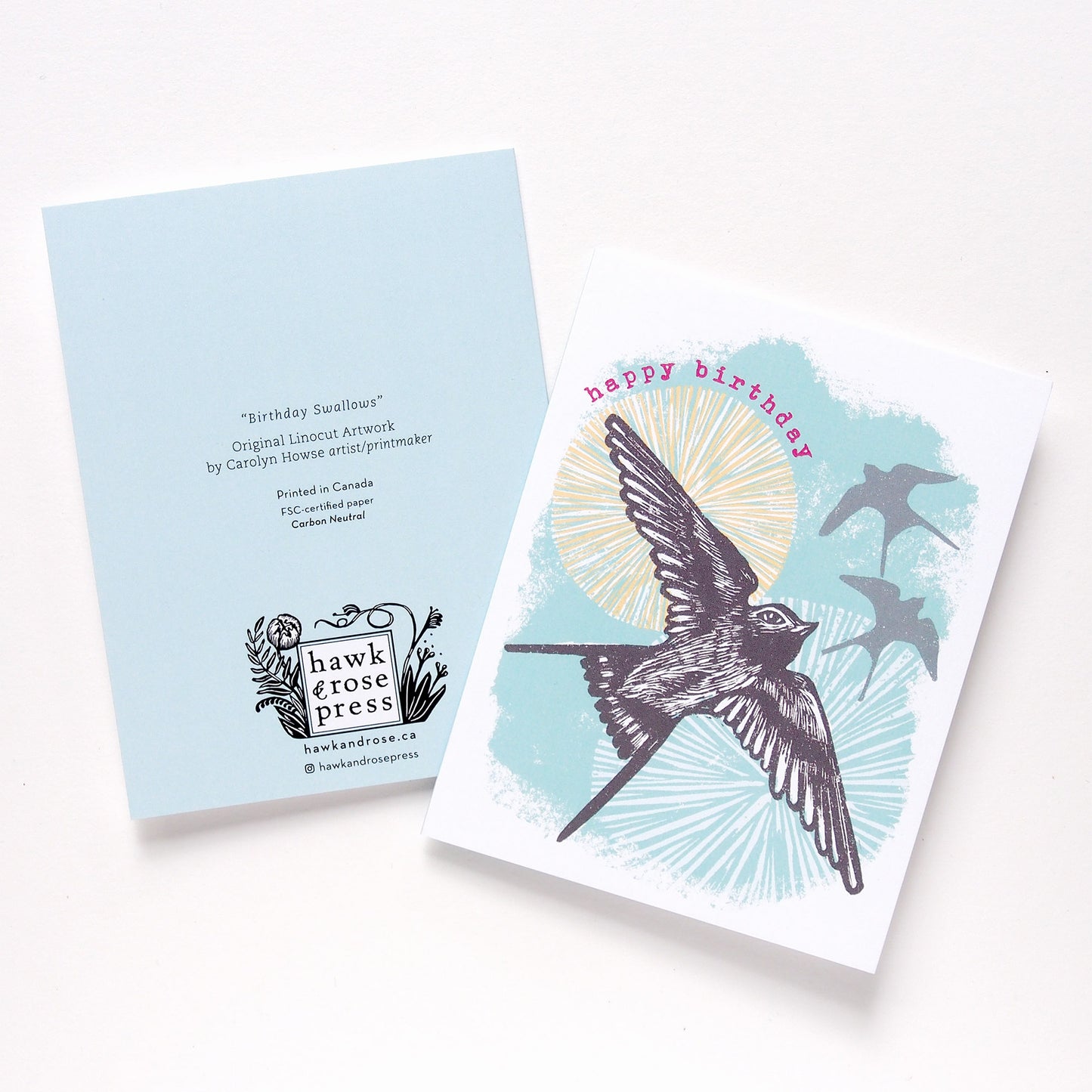 ‘Swallows Birthday’ Linocut Card by Hawk and Rose Press