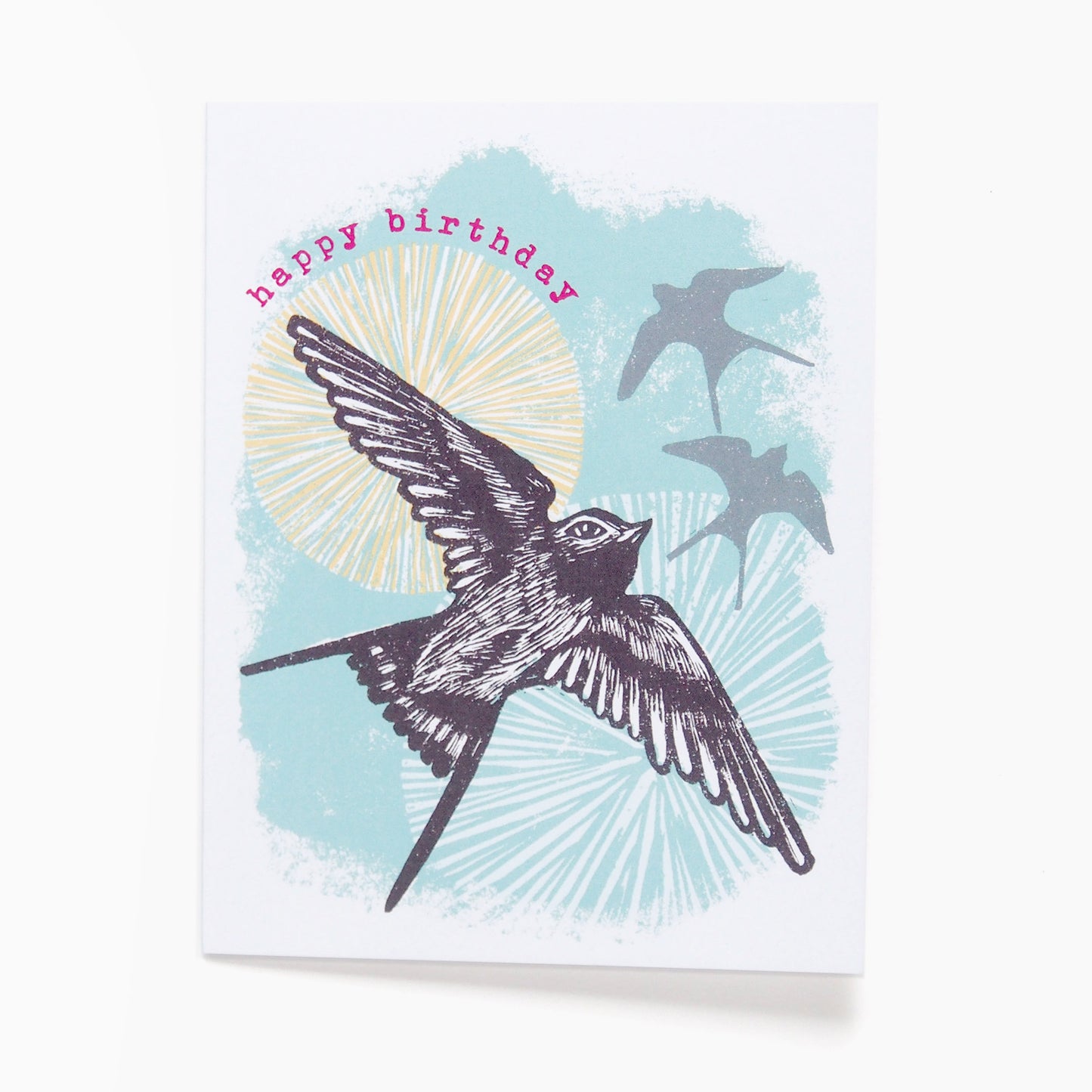 ‘Swallows Birthday’ Linocut Card by Hawk and Rose Press