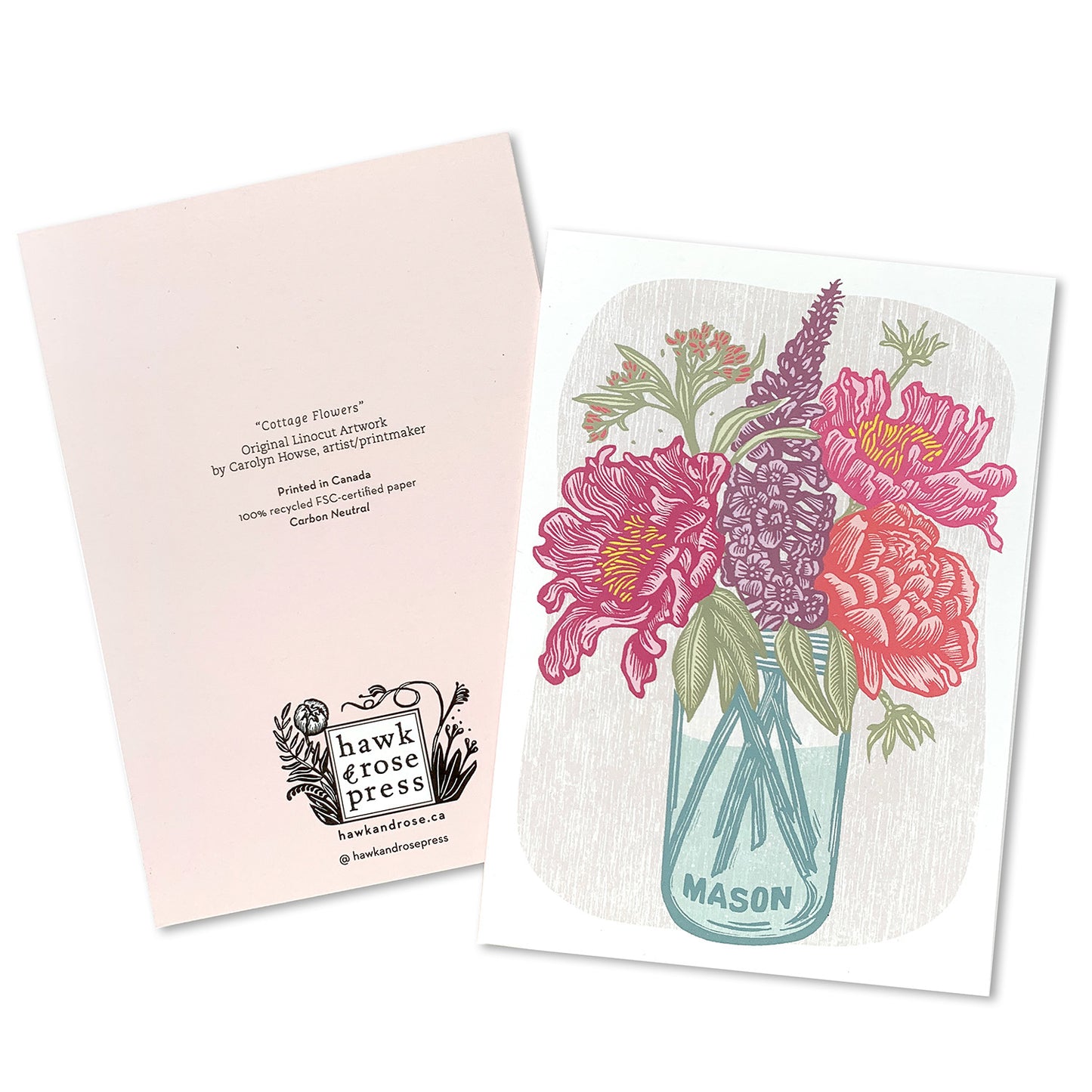 ‘Cottage Flowers’ Linocut Art Card by Hawk and Rose Press