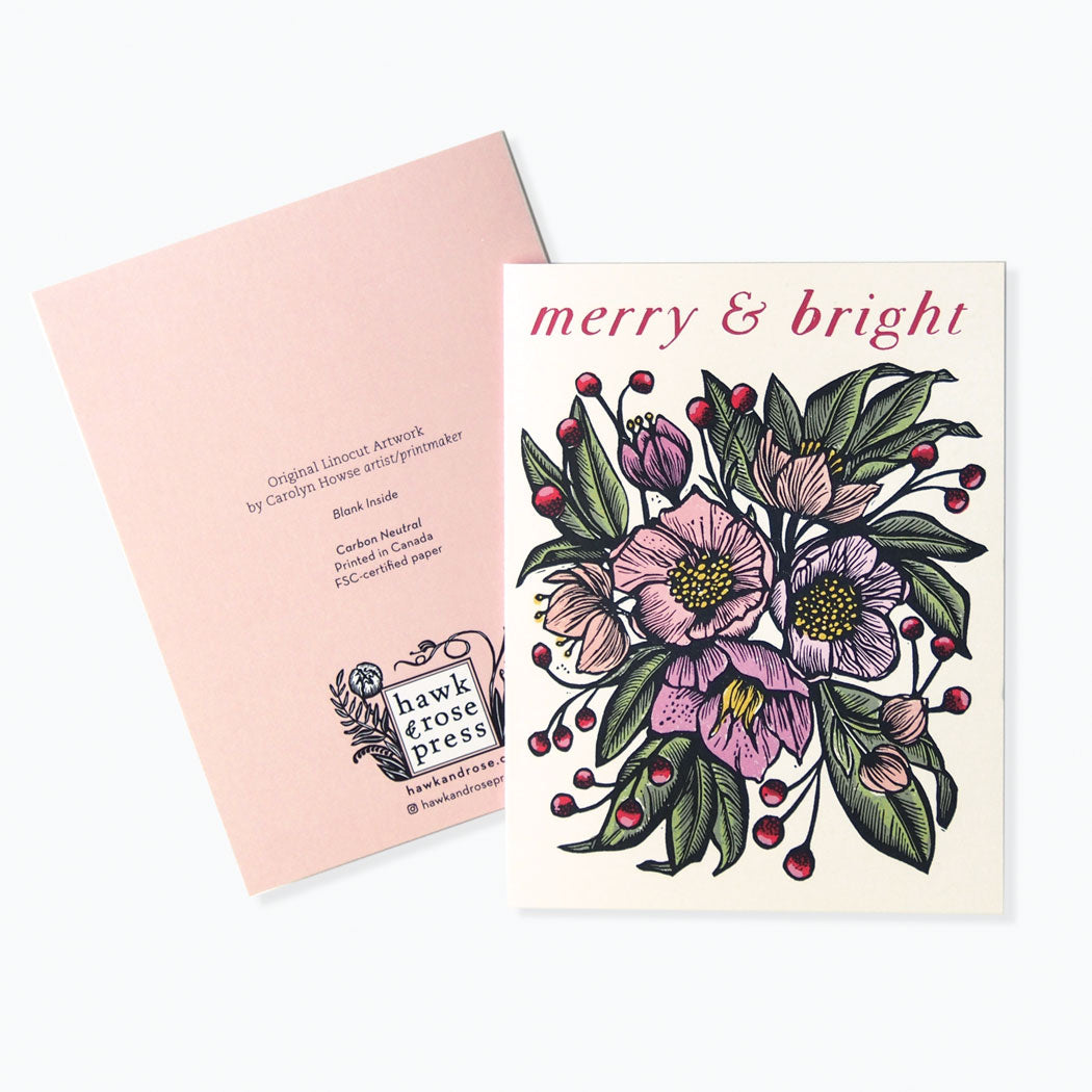 'Merry & Bright Holiday Floral’ Linocut Card by Hawk and Rose Press