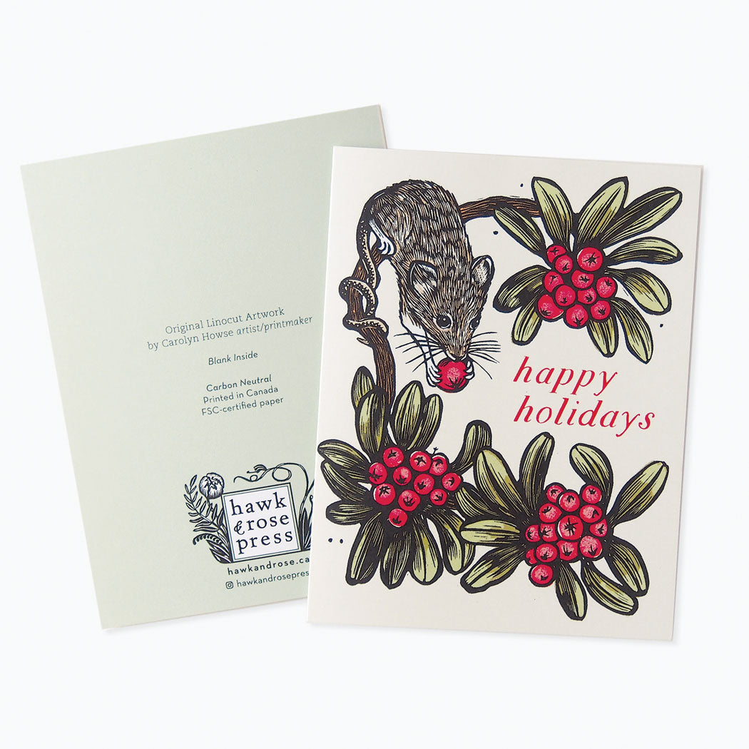 'Holiday Mouse’ Linocut Card by Hawk and Rose Press