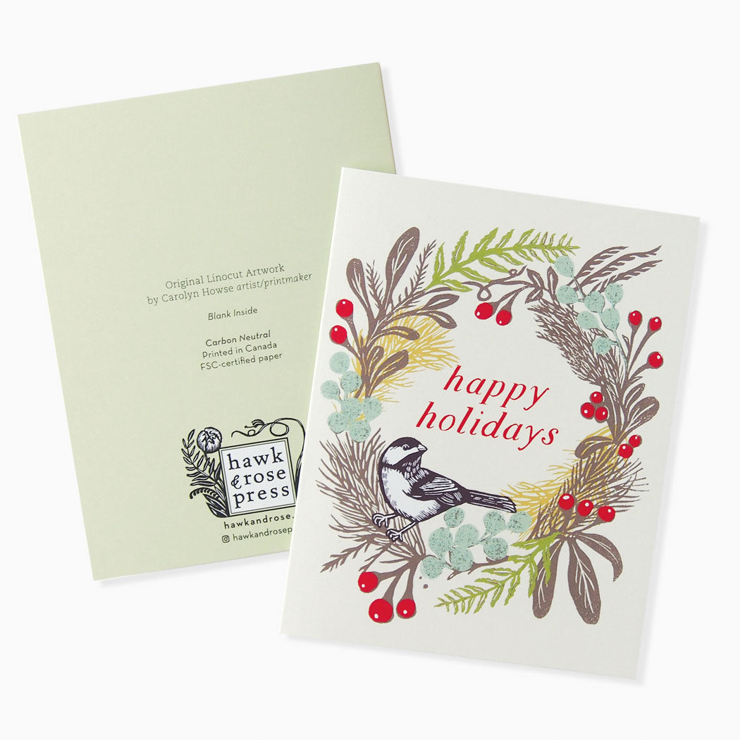 'Holiday Wreath’ Linocut Card by Hawk and Rose Press