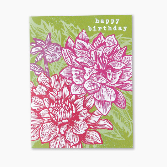 ‘Dahlia Birthday’ Linocut Card by Hawk and Rose Press (Olive)