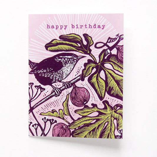 ‘Wren Birthday’ Linocut Card by Hawk and Rose Press