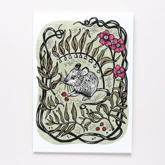 ‘Garden Mouse’’ Linocut Art Card by Hawk and Rose Press