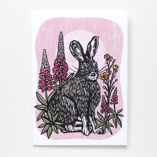 ’Hare & Lupins' Linocut Art Card by Hawk and Rose Press