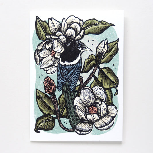 ’The Magpie' Linocut Art Card by Hawk and Rose Press