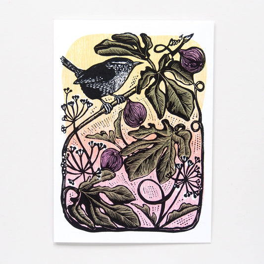 ‘Wren & Fig’ Linocut Art Card by Hawk and Rose Press