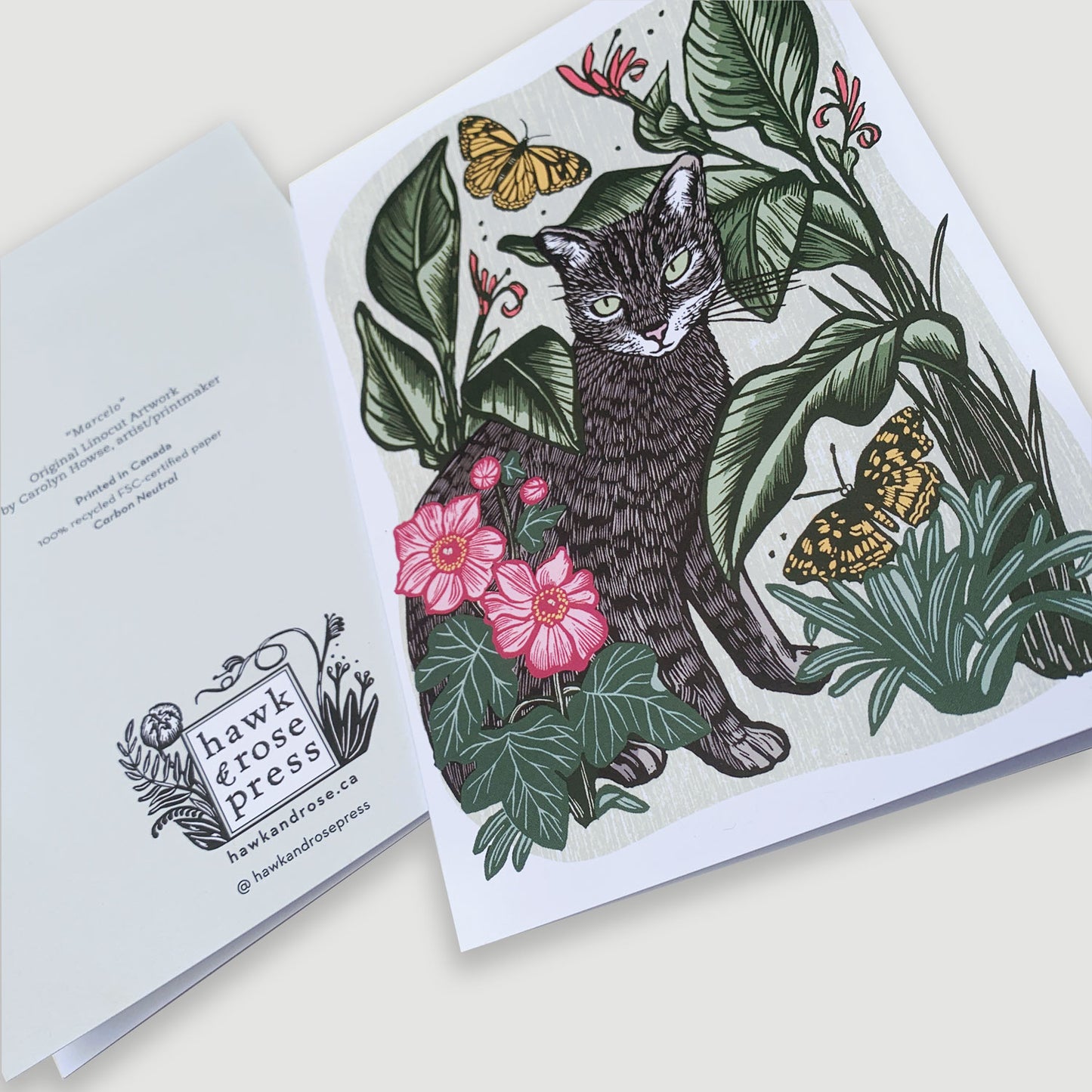 ’Marcelo the Cat' Linocut Art Card by Hawk and Rose Press