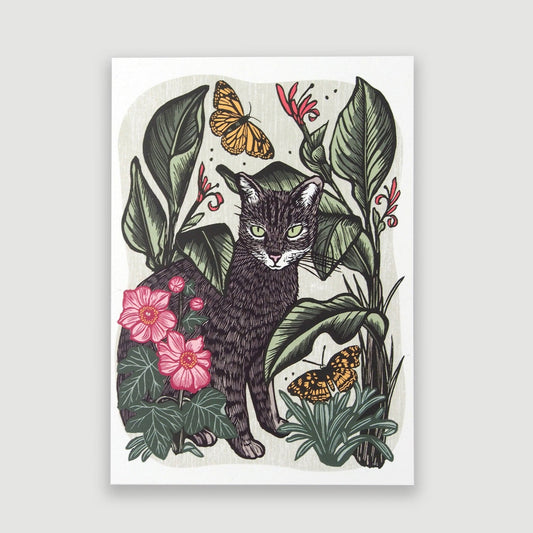 Illustration of a cat surrounded by leaves and flowers on a white background