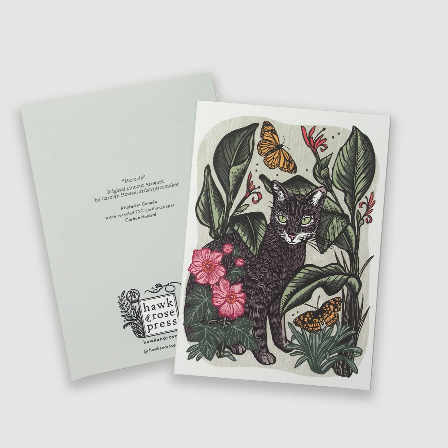 ’Marcelo the Cat' Linocut Art Card by Hawk and Rose Press