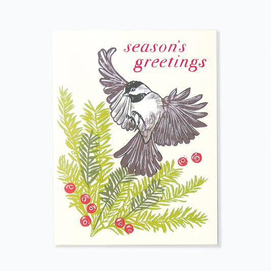 'Holiday Chickadee & Juniper’ Linocut Card by Hawk and Rose Press