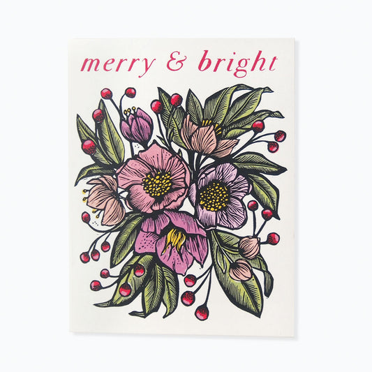 'Merry & Bright Holiday Floral’ Linocut Card by Hawk and Rose Press