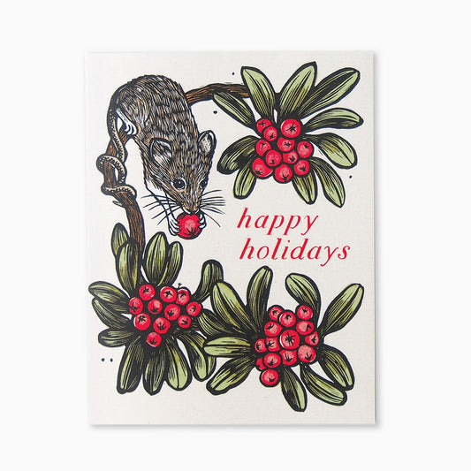 'Holiday Mouse’ Linocut Card by Hawk and Rose Press